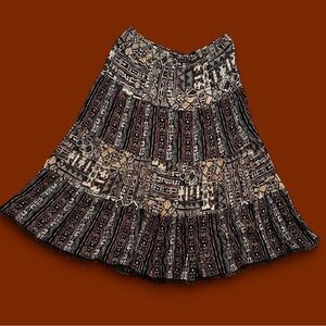 Women’s Vintage Black and Cream Multi-patterned Skirt with Lace trim